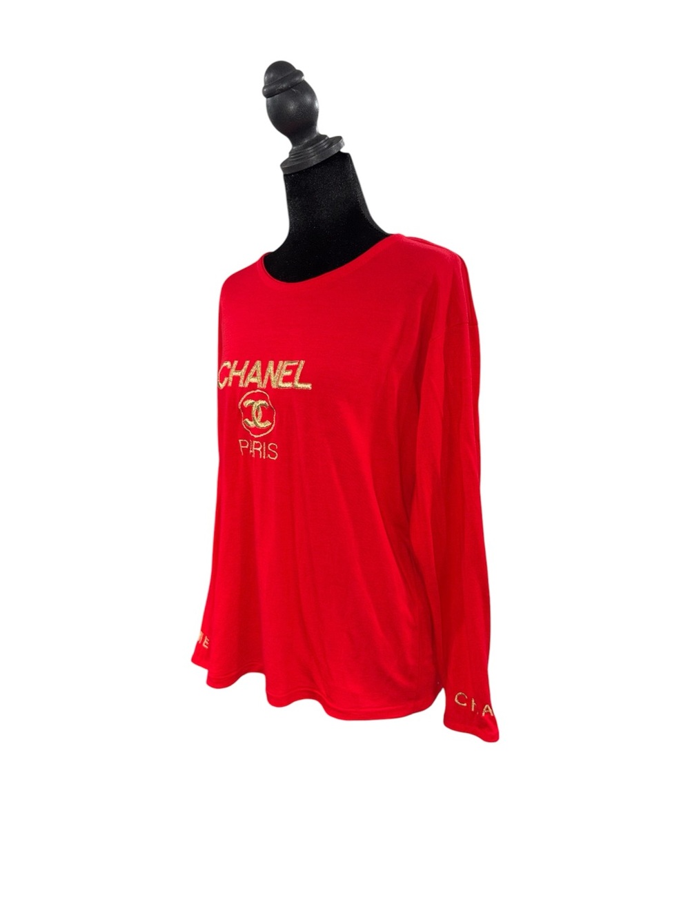 CHANEL RARE Boutique Vintage 90s Retro Red Logo Long-Sleeve Top Size M - Picture 2 of 5